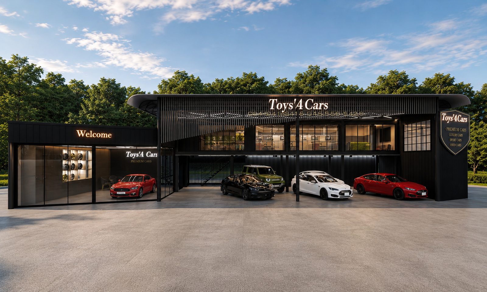 Toys'a Cars showroom facade with vehicle lineup by day
