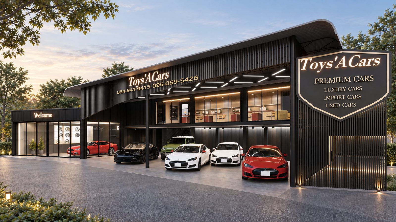 Toys'a Cars showroom facade with vehicle lineup at dusk