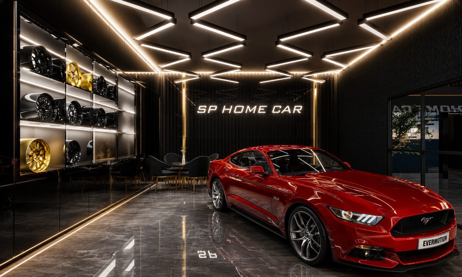 Toys'a Cars wheel display lounge with feature sports car